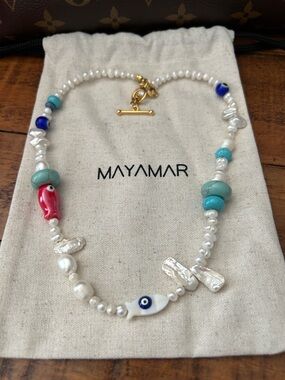Mayamar Luxurious freshwater Pearl Bead Necklace with Blue Evil Eye Fish Accent